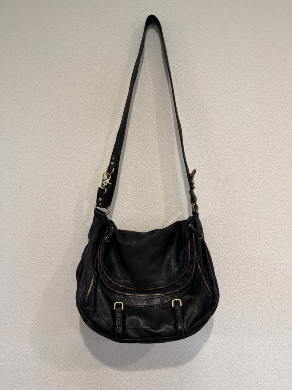 Sabina Black Leather Shoulder Bag with Gold Hardware